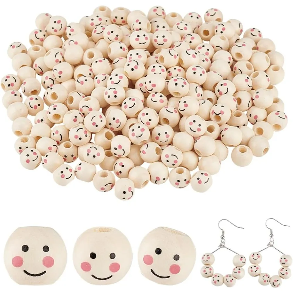 300pcs Ball Head Beads, 10mm Smiling Face Wooden Beads Wood Bead with 3.5mm Hole Spacer Wooden Loose Bead