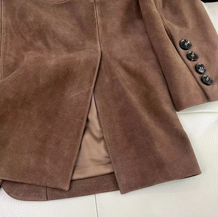 Vintage Nubuck Leather Coat for Women Spring Fashion Genuine Suede Retro Jacket Unburn Maillard Old Money Style Silhouette Suit