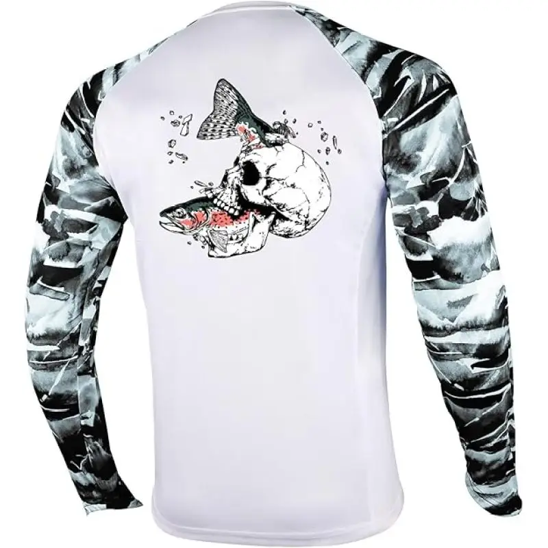Men's Fishing Hoodie Skeleton Bite Fish 3D Printed Sunscreen Fishing Suit Quick drying Breathable Round Neck Long Sleeve T-shirt