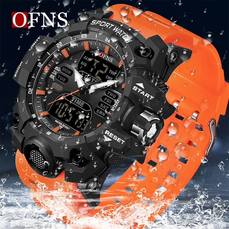 OFNS-reloj deportivo de cuarzo para hombre, cronógrafo de pulsera, estilo G, resistente al agua hasta 50M, con alarma y doble pantalla, estilo militar