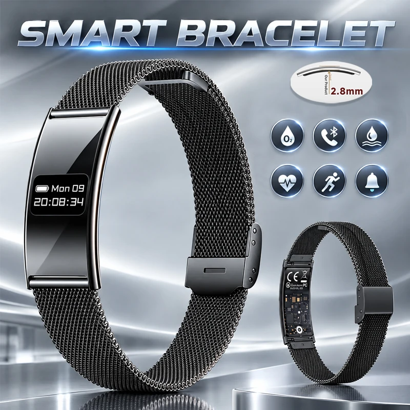 2026 New 4.9mm Ultra-Thin Smart Bracelet Heart Rate Blood Oxygen Sleep Monitoring IPX8 Waterproof Bluetooth Call Smart Bracelet