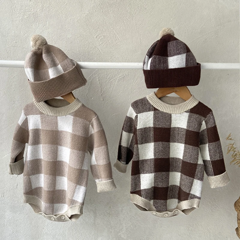 Toddler Baby Boys Girls Knitting Lattice Bodysuits+Hat Newborn Baby Boys Girls Knitting Jumpsuit Spring Autumn Baby Clothes