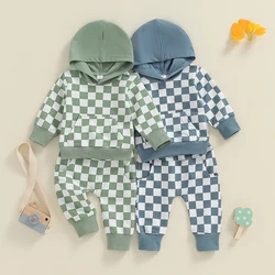 2024-05-13 Lioraitiin Toddler Boys Fall Outfits Checkerboard Print Hooded Long Sleeve Hoodies and Long Pants 2Pcs Clothes Set