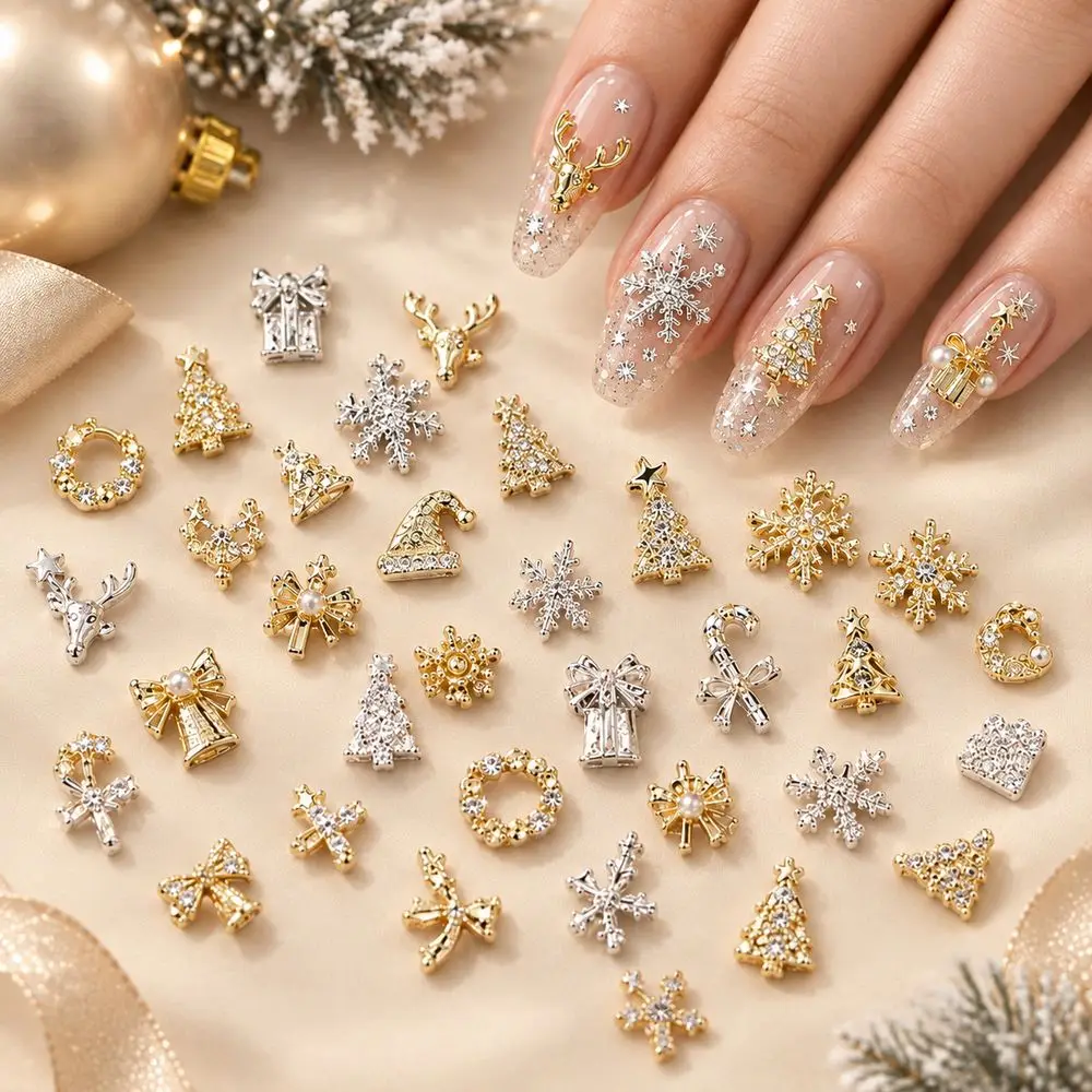 50Pcs Rust Proof Nail Art Charms Elegant Reindeer Wreath Candy Cane Star for New Year Eve Celebration Nail Design Set
