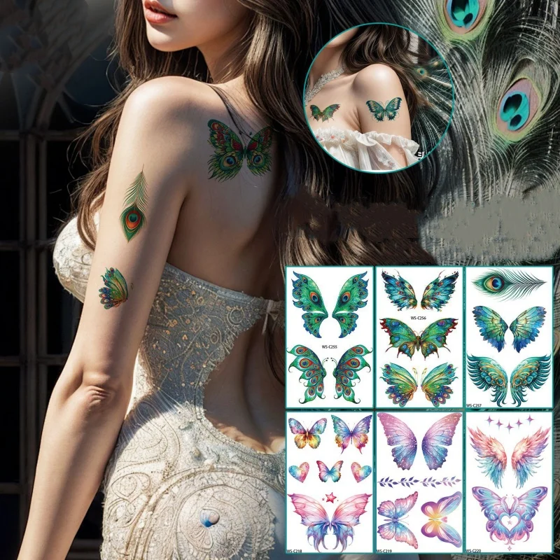 

12pcs Sexy Peacock Feather Green Butterfly Tattoo Stickers Party Stage Performance Makeup Waterproof Temporary Tattoo Sticker