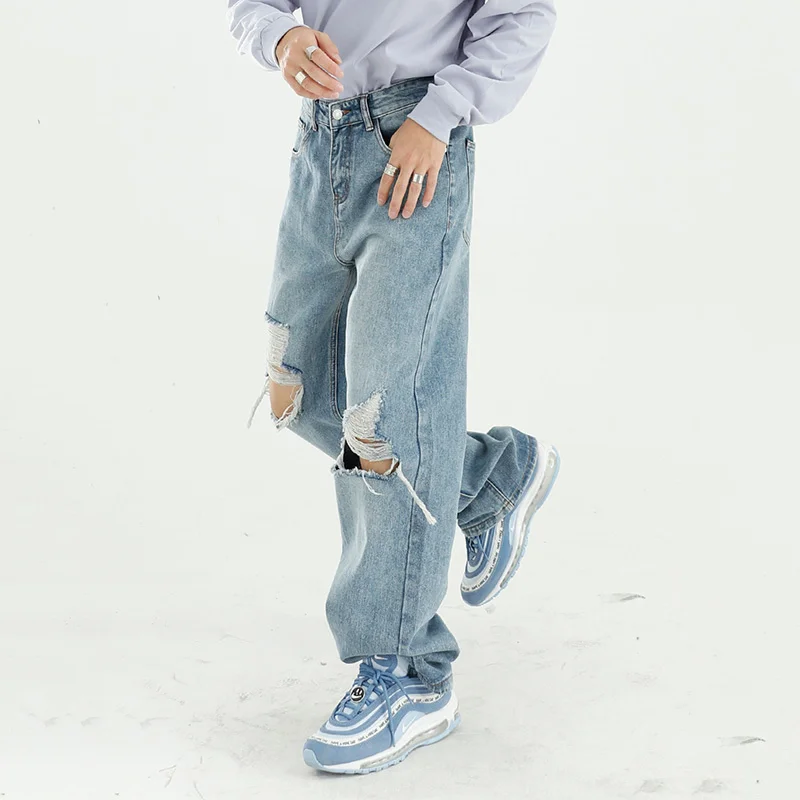 Wear Men's 2022 New Broken Hole Blue Denim Trousers Fashion Streetwear Loose Straight Jeans Casual Vintage Baggy Pants