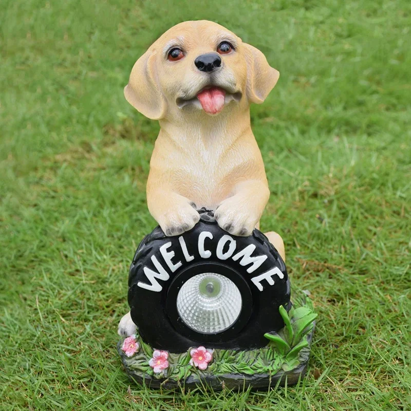 Statue de chien de jardin solaire avec lumières LED, signe de bienvenue, figurine de chiot 62, sculpture décorative durable, résine