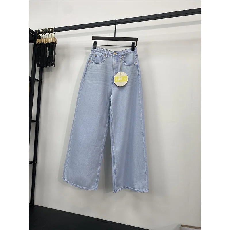 Women jeans 2023 new Vintage light blue high waisted draped wide leg loose mop denim pants