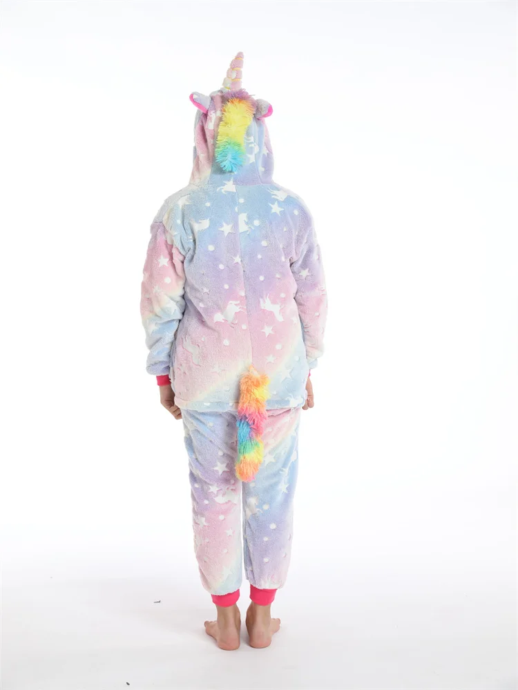 Fall-winter Flannel Children Cartoon Halloween Cosplay Kigurumi Unicorn One-piece Pajamas Costume Hooded Warm Sleepwear Unisex