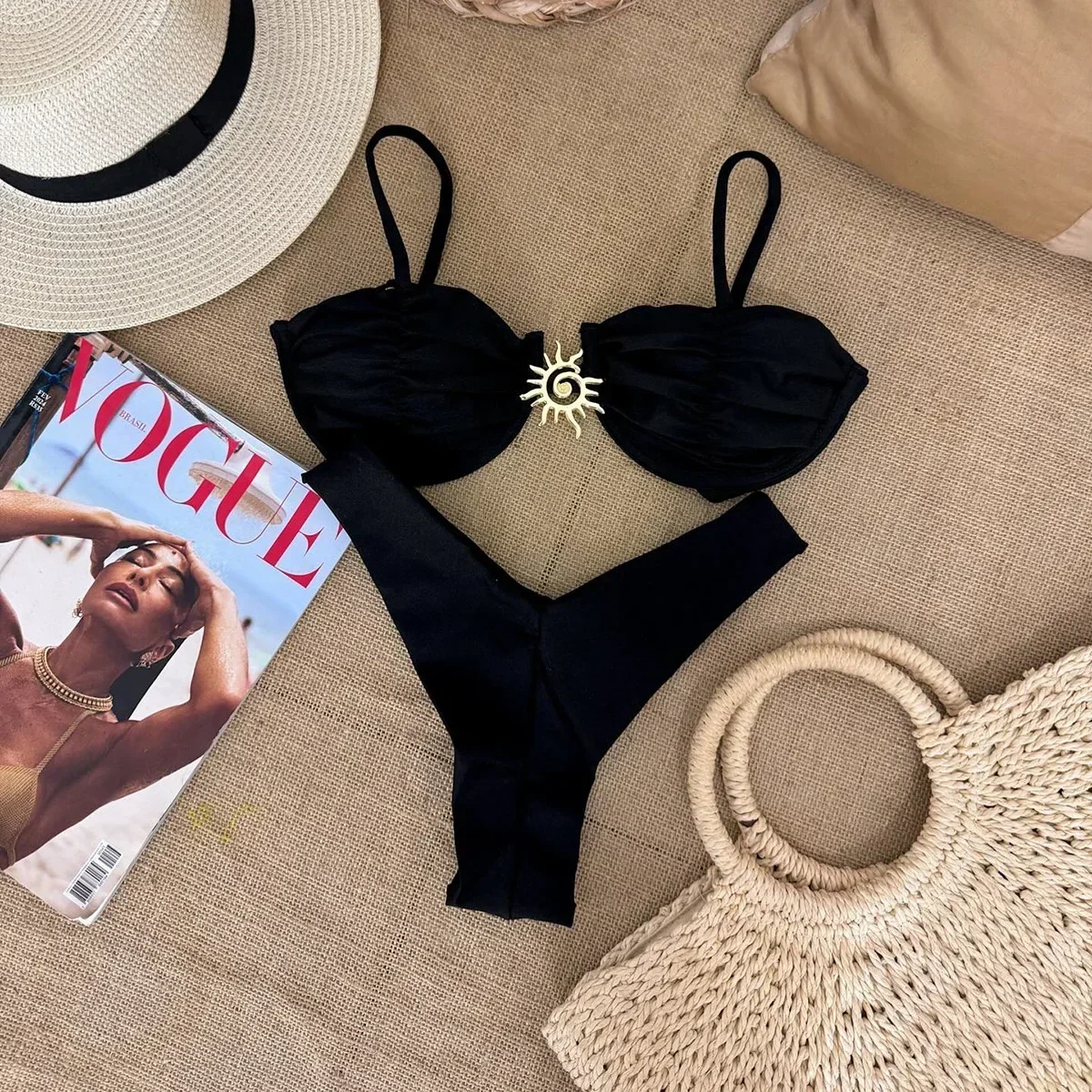 Sexy Metal Sun Ornament Bikini Set Women Solid Black Red Push Up Underwire Micro Swimsuit 2025 Brazilian Bathing Suit Swimwear