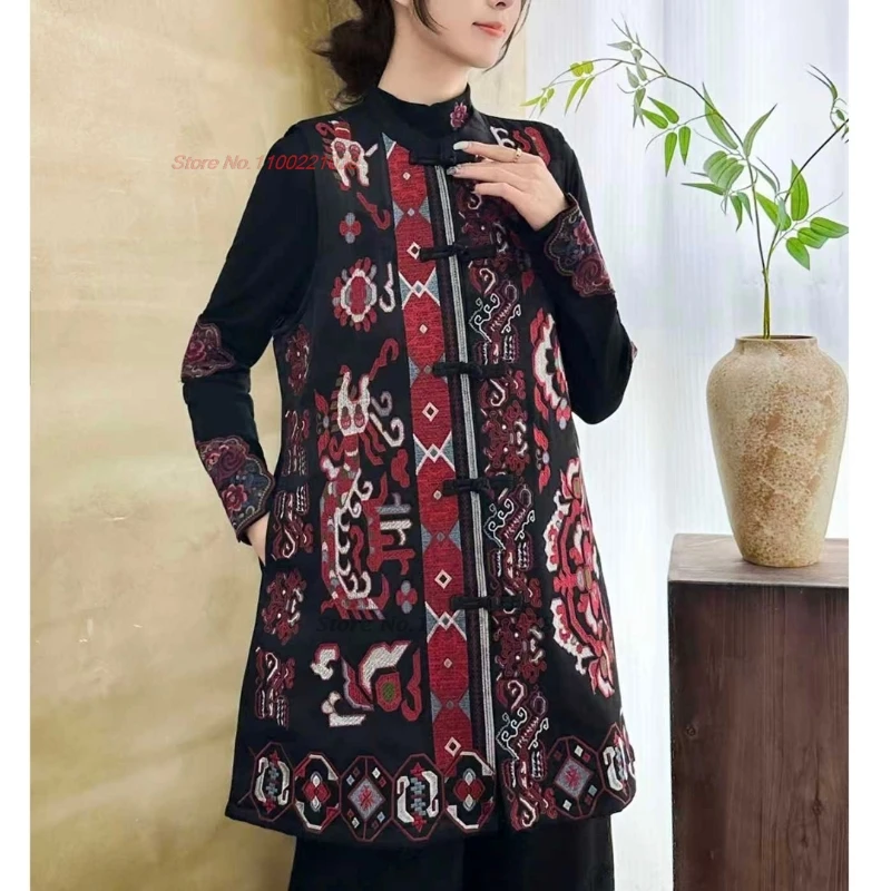 

2025 national flower embroidery stand collar folk vest traditional ethnic hanfu tops retro sleeveless jacket cotton-padded vest