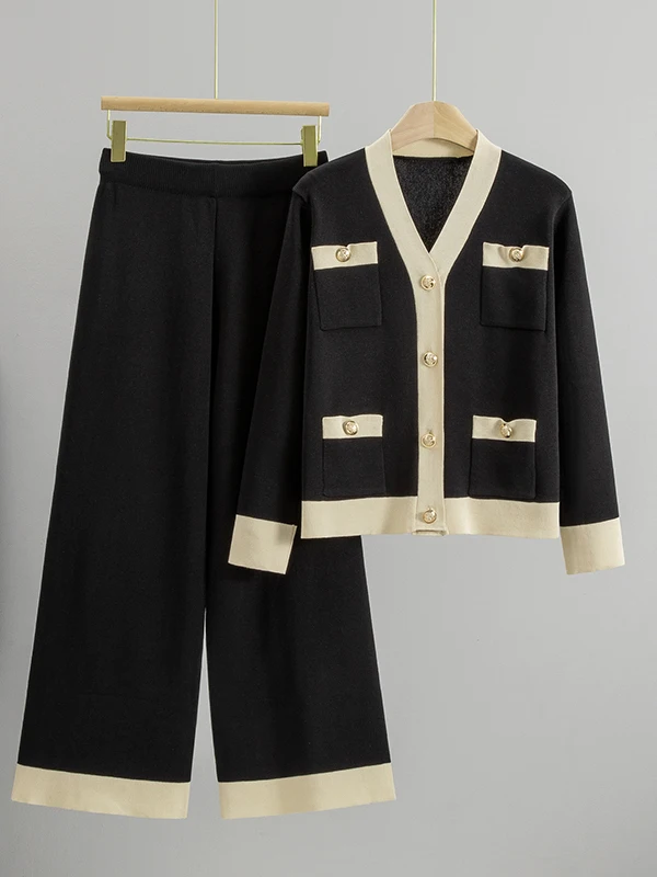 Nouveau 2025 femmes tricoté jambe large pantalon ensemble V Ne boutonné haut et Bot deux pièces Faionable automne Collection