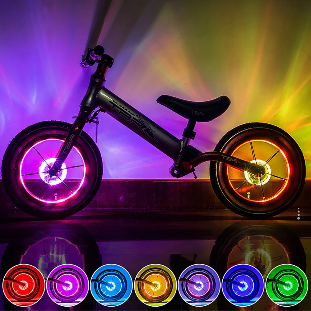 Luzes de roda de bicicleta led luzes de raio de cubo dianteiro e traseiro 7 cores, 18 modos recarregáveis luzes de equilíbrio de bicicleta para crianças