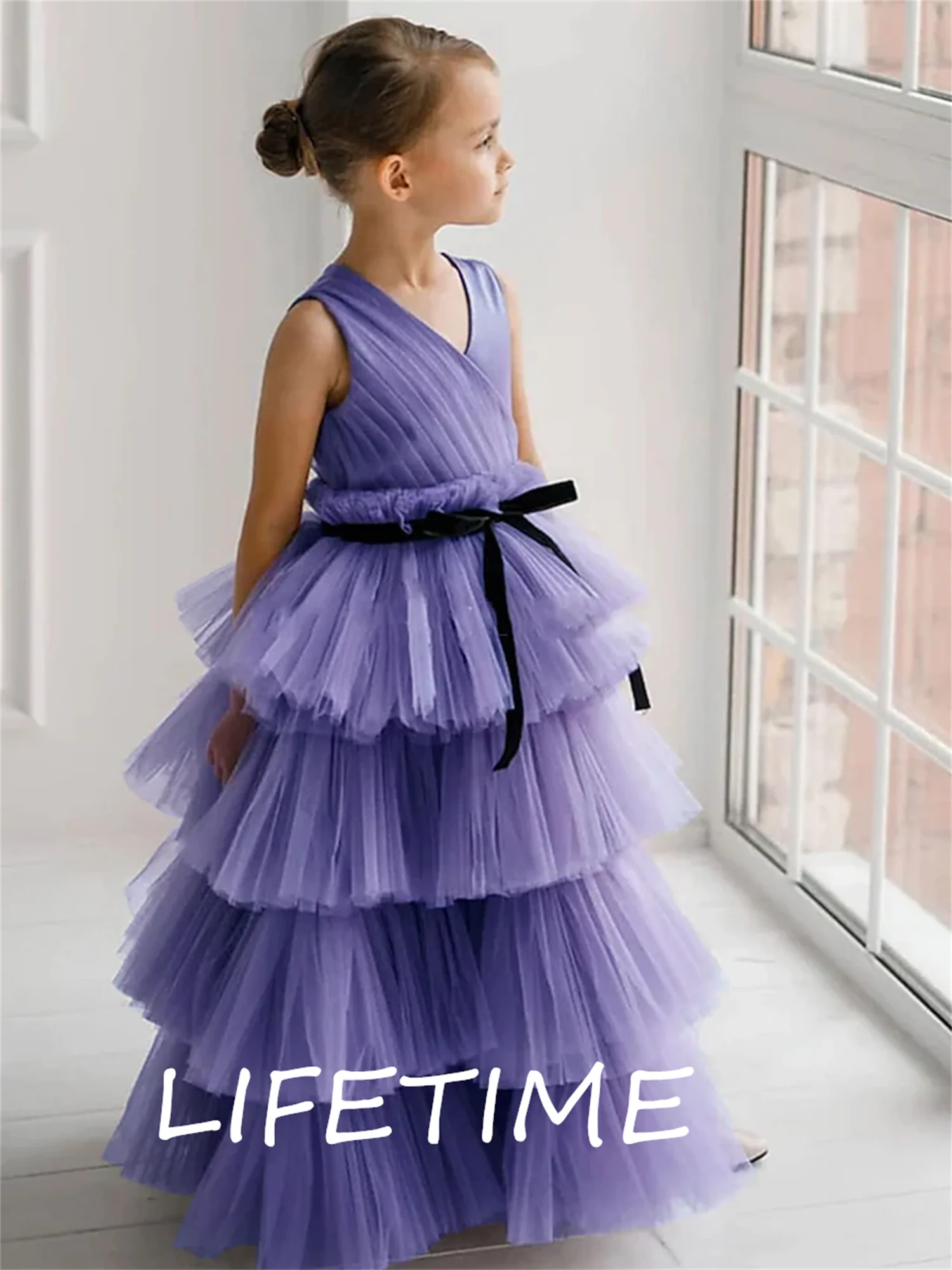 

Purple V-Neck Flower Girl Dresses 2022 Tulle Bow Tiered Pleated Ball Gown For Kids Birthday Party Dress Vestidos De Novia