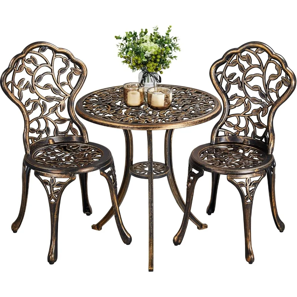 

3-Piece Outdoor Bistro Set w/Leaf Design, Rust-Resistant Cast Aluminum Table and Chairs for Balcony Backyard Garden