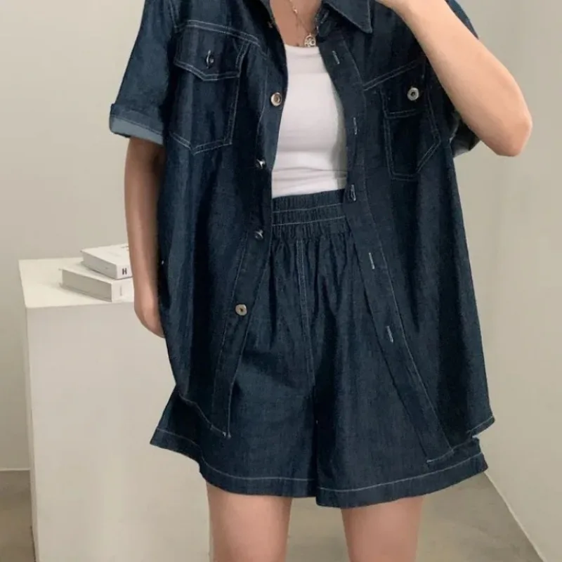 Neploe vintage lapela pescoço manga curta denim topos feminino + cintura alta solta perna larga shorts 2025 verão novos conjuntos de duas peças