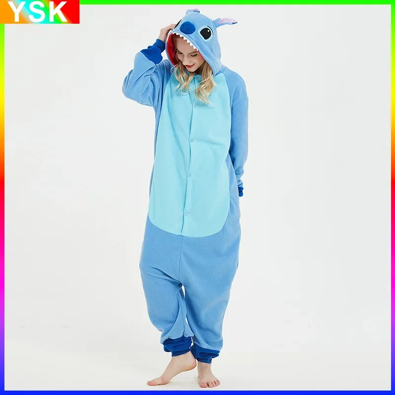 MINISO Disney Stitch Cartoon One-piece Pajamas Polar Fleece Autumn and Winter Warm Pajamas Casual Couple Home Clothing