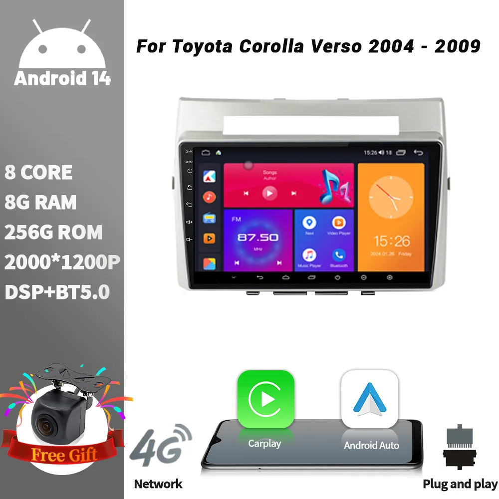 

Car Radio Multimedia Player Navigation Wireless CarPlay Touch Screen Stereo Android For Toyota Corolla Verso 2004 - 2009