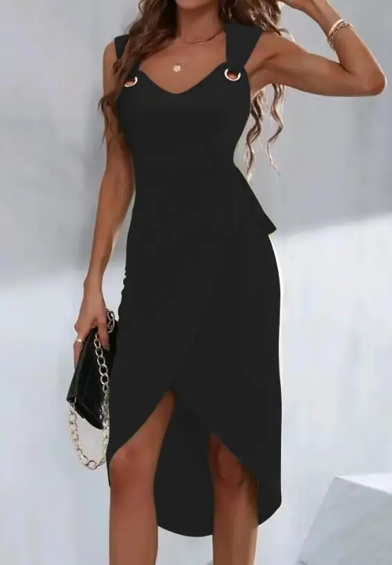 Vestido de ilhó sem mangas feminino, detalhe amarrado, monocromático, fenda assimétrica, vestido diário sexy com decote em v, férias, primavera, verão, 2024