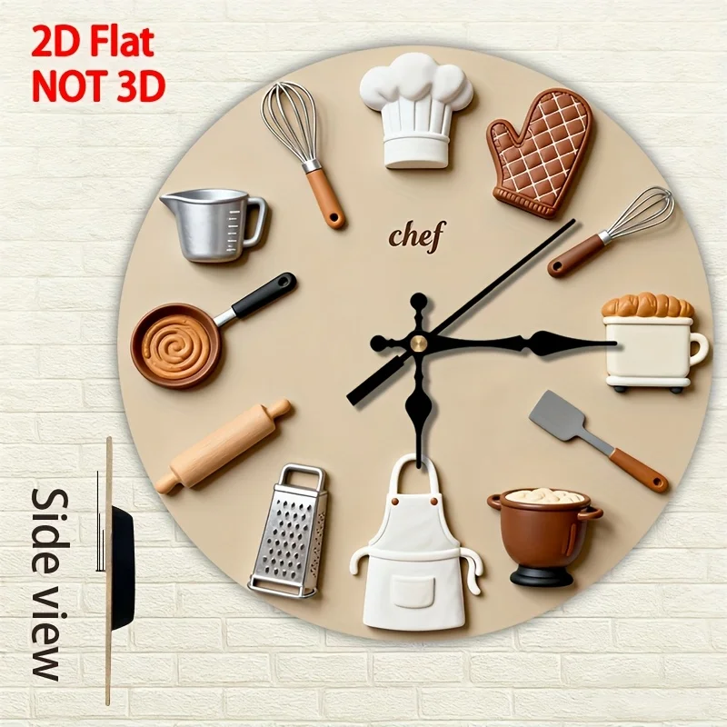 2D Flat. 1pc. Chef-Themed Creative Wooden Wall Clock, Battery-Operated (AA Not Included), 13.78/15.75 Inches, Home Decor