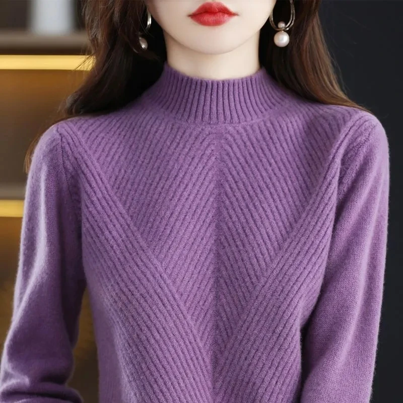 2023 Autumn Winter Women Sweaters Pullovers New Solid Half Turtleneck Twill Knitted Sweater Female Bottom Jumpers Tops Clothing