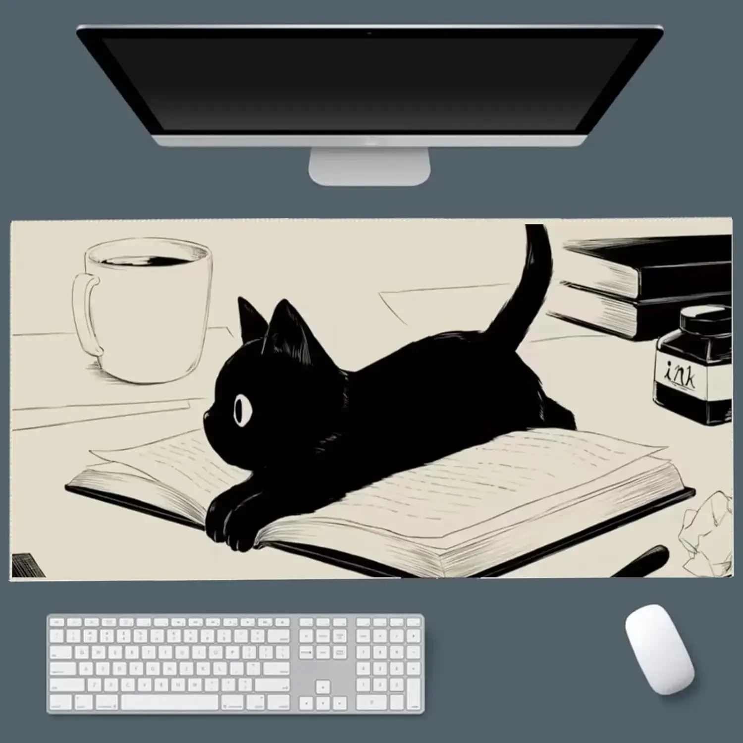 Ink Cute Cat Anime Mouse pad Black Extended Computer Keyboard Pad Large Kawaii Table Mat Office with Anti-Slip Rubber Base Rug