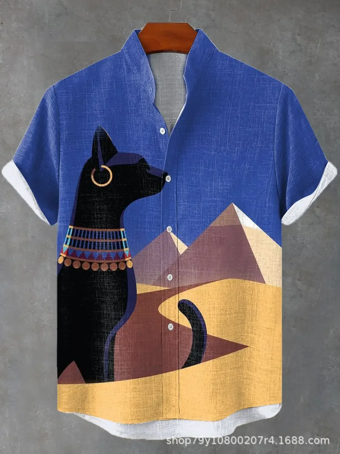 

Men's Stand Collar Short Sleeve Shirt Egyptian Pharaoh Cat Print Daily Men's Short Sleeve Top Large Size Comfortable Men's Shirt