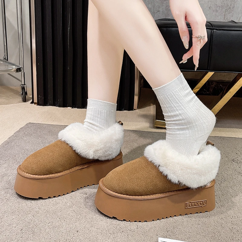 

Women's Winter Thickened Fleece Lined Snow Boots Warm Cotton Shoes 6CM Thick Bottom Ankle Boots Chunky Leather Sneakers Woman