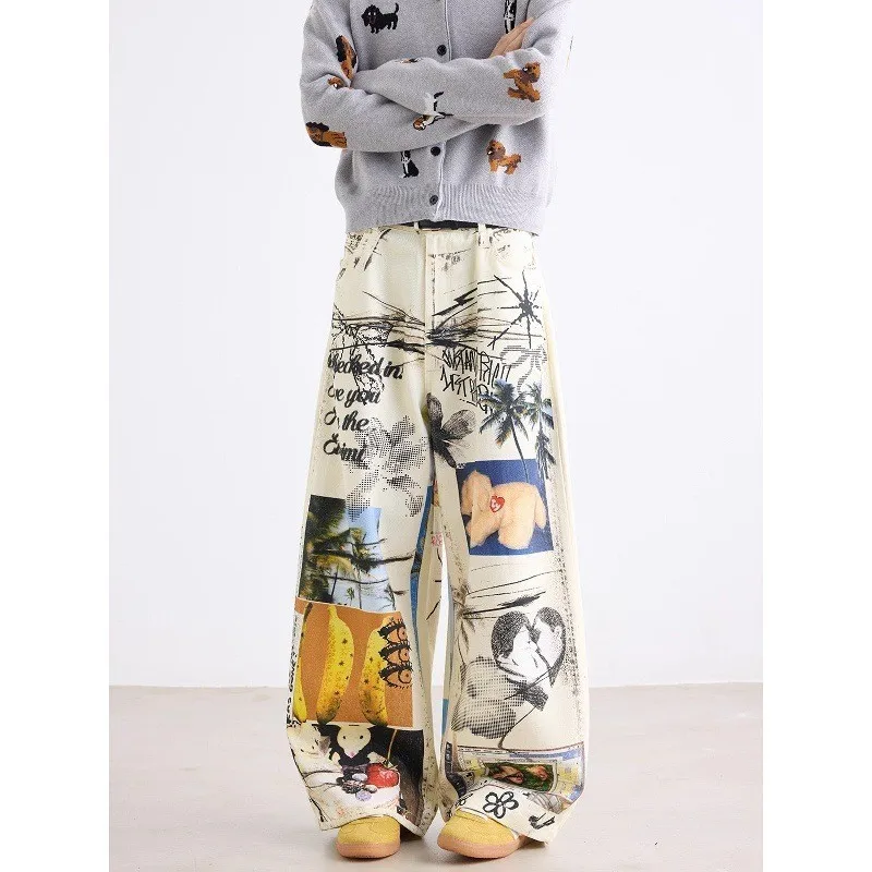

Летние повседневные брюки, мужские свободные широкие брюки длиной до пола, удобные джинсы с рисунком собаки и высокой талией с принтом Street Sle