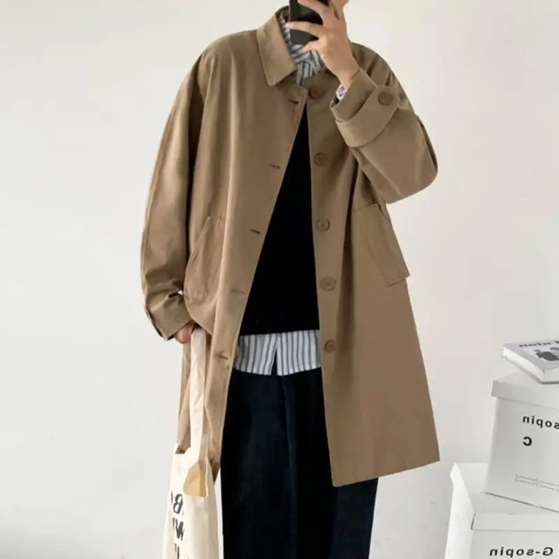Odzież męska 2025 Jesienna moda Nowy jednorzędowy trencz Odzież męska Długi płaszcz Luźny płaszcz Trend Przystojny Casual Windbreak