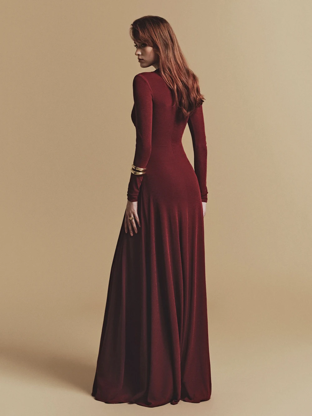 Modphy Elegant Women Pleated Solid Slim Maxi Dresses Women V Neck Long Sleeve High Waist Long Dress Female Party Prom Gowns