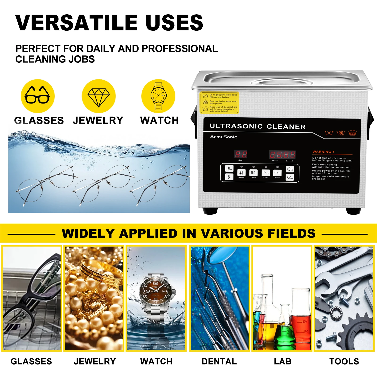 ACMESONIC 3L 120W 40kHz Ultrasonic Cleaner Digital Timer อัพเกรด Degassing โหมดอ่อนโยนสําหรับเครื่องประดับแว่นตาเครื่องมือ