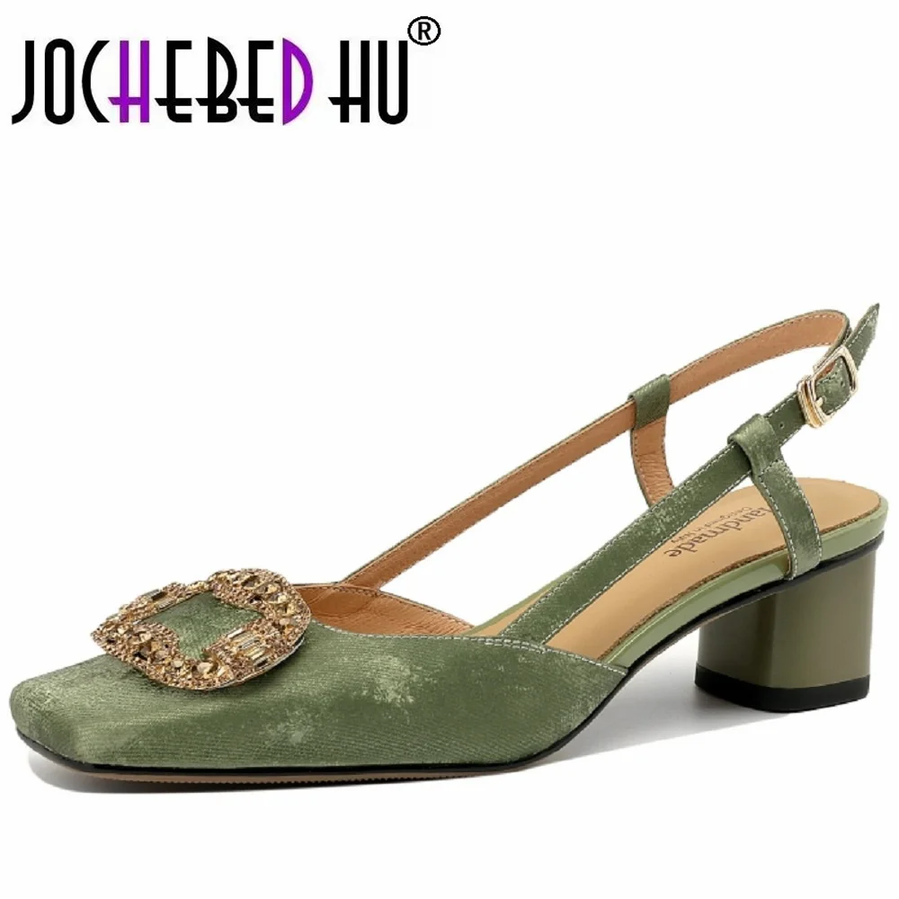 【JOCHEBED HU】Brand Genuine Leather Shoes Block Medium Heel Square Buckle Slingback Pumps Women Designer 34-42