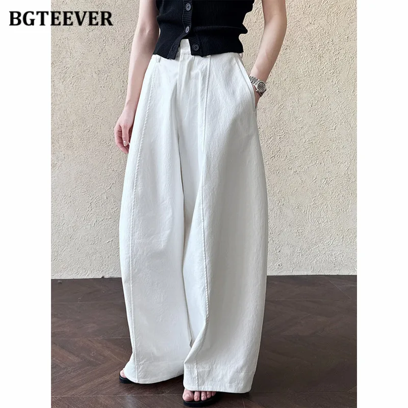 

BGTEEVER Vintage Loose Pockets Women Wide Leg Trousers Summer High Waist Female Long Pants