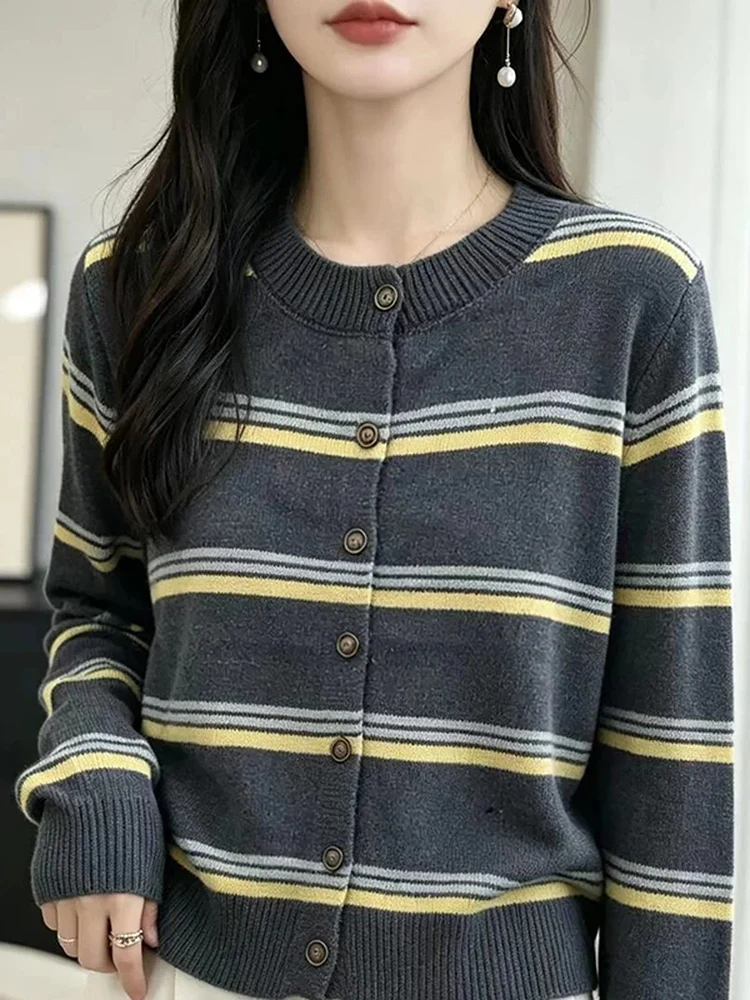 Retro Color Block Stripe Knitted Open Cardigan Long Sleeve round Neck Women's Fashionable Versatile Ageless Stylish Top