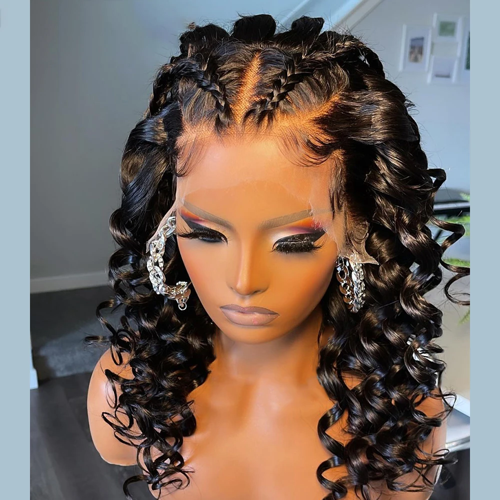 Perruque Lace Front Wig sans colle bouclée noire naturelle, cheveux de bébé, douce, densité 180, 26 longs, deep wave, pre-plucked, degré de chaleur, pour femmes, 03/3