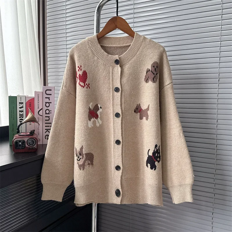 2024 autumn and winter design gray puppy sweater coat Korean style cute sweet lazy style knitted cardigan