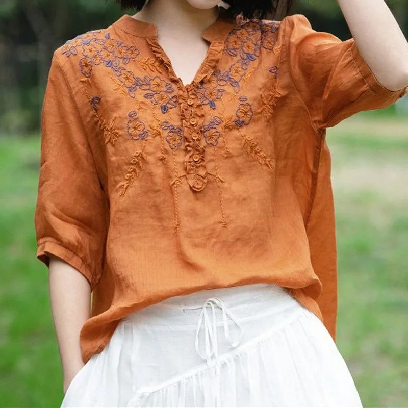 Vintage Fashion Solid Color Embroidery Spliced Shirt Summer Women\'s Clothing Loose All-match V-Neck Half Sleeve Blouse Female