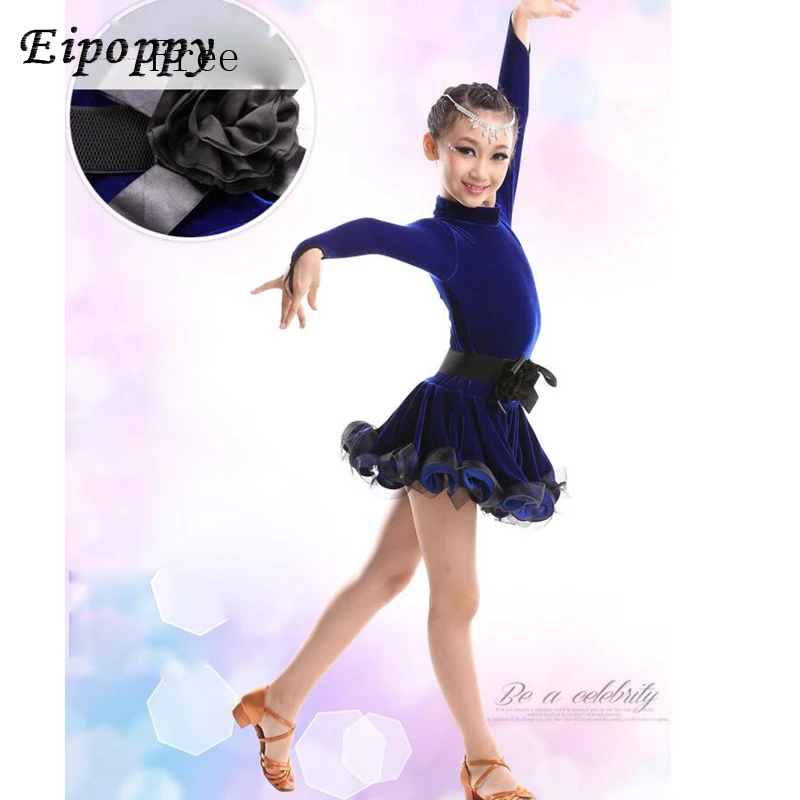 ชุดซัลซ่าสำหรับเด็กชุดลาตินสีดำเกรดสูงสำหรับเด็กผู้หญิงชุดเดรสเต้นรำเสื้อลูกไม้แขนยาวสง่างามชุดเดรสเต้นรำละติน