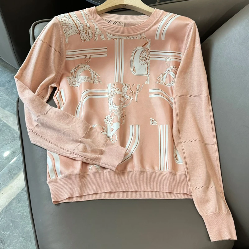 3.1 Women\'s New Fashion Casual Comfortablr Knitwear Silk Print Spliced Hollow Out Design Long Sleeve Pullover Top Ladies