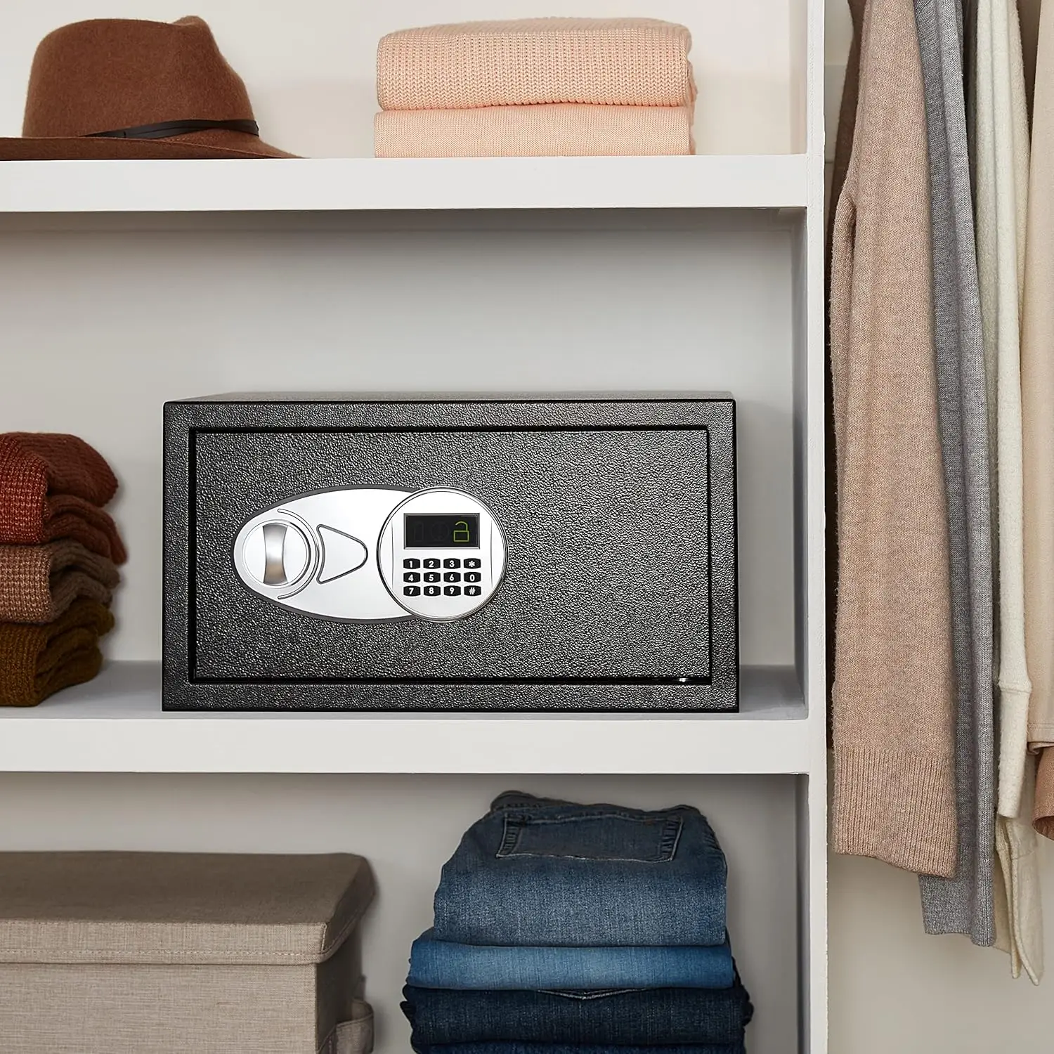 Cofre e caixa de segurança de aço com teclado eletrônico programável, para objetos de valor, dinheiro, joias, documentos, preto, 1 fo cúbico