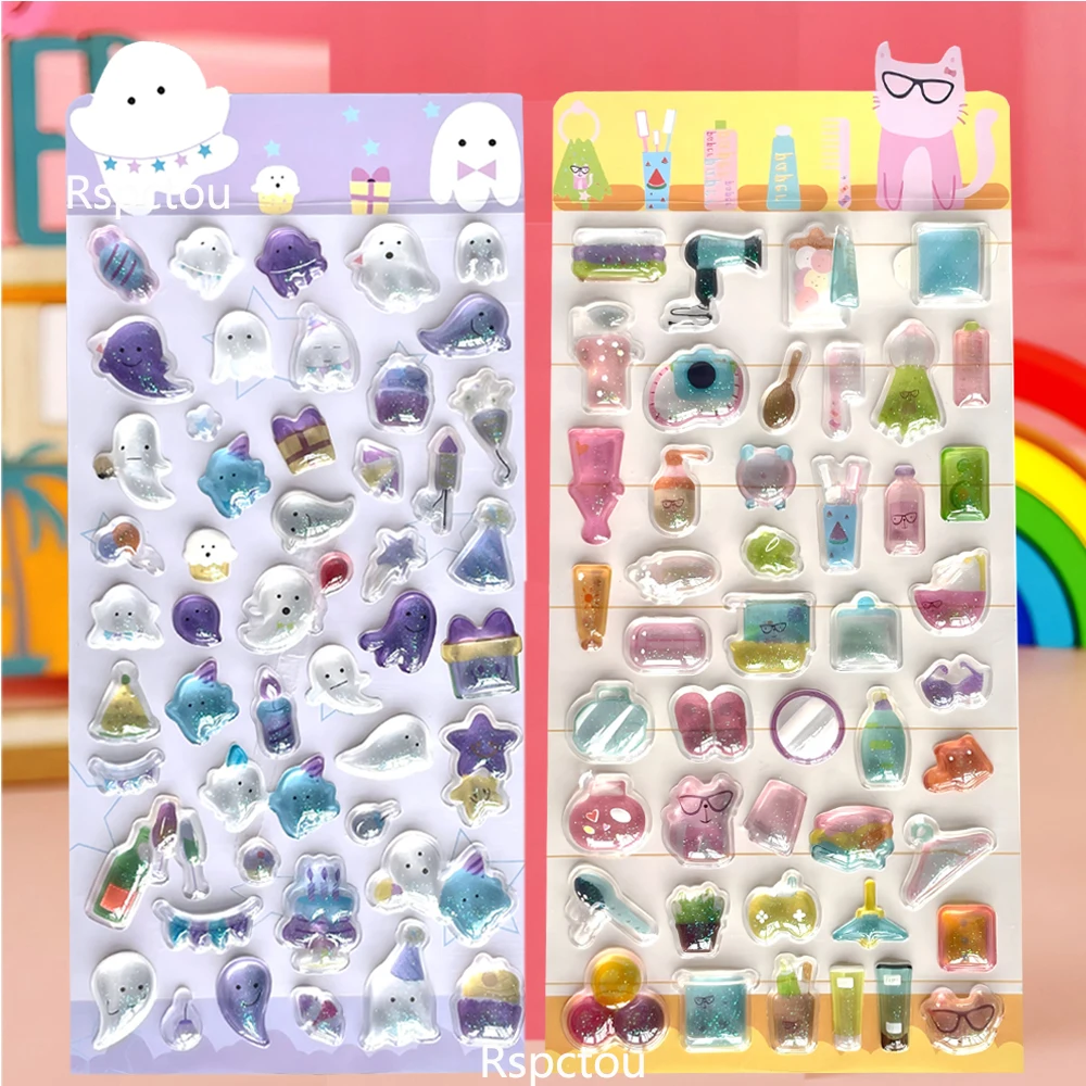 สติกเกอร์นูนลายการ์ตูนกระต่ายผีสุดน่ารัก 6 ชิ้น สติกเกอร์คริสตัล 3 มิติ สำหรับตกแต่งสมุดโน้ต โทรศัพท์ ตู้เย็น ของรางวัล ของเล่น ของขวัญ