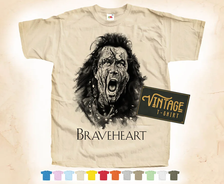 BLACK Print: Braveheart V1 T shirt Natural VINTAGE Poster Cotton S-5XL