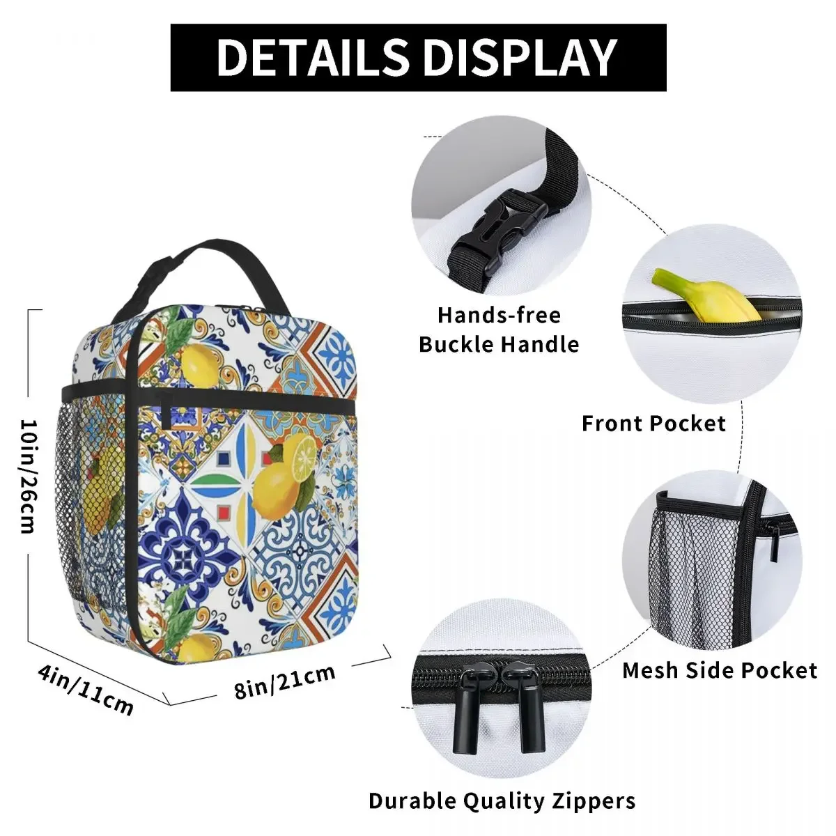 Mediterranean Tiles And Lemon Insulated Lunch Bag for Women Kids Portable Food Boxes Thermal Lunch Box Tote