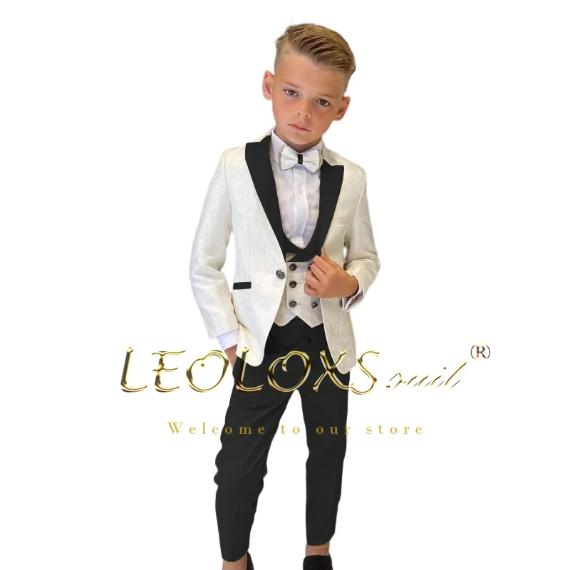 Boys\' Floral Jacquard Wedding Tuxedo 3 Piece Set: Double Breasted Vest, Blazer and Trousers Children\'s Custom Suit Set