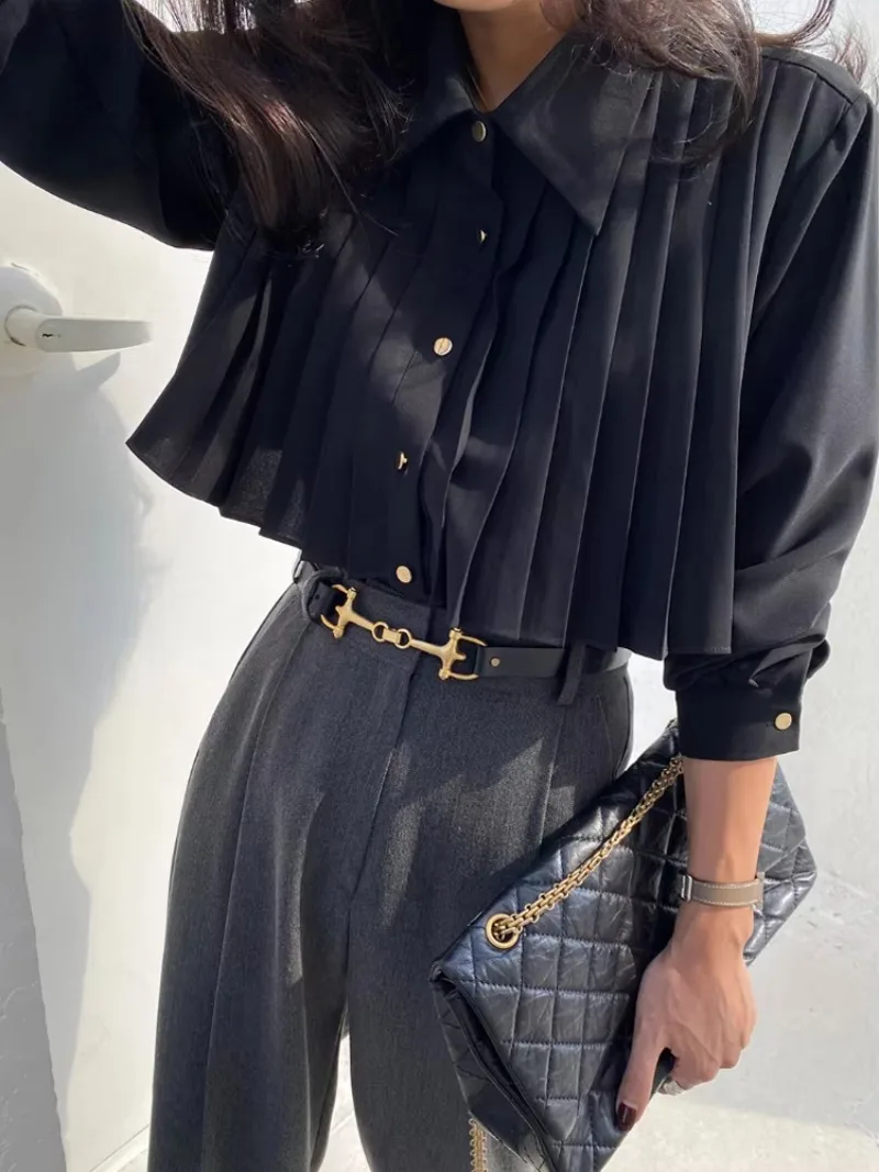 จีบเสื้อสีดําอุตสาหกรรมหนัก Sle หญิง K-sle ฤดูใบไม้ผลิพับเสื้อ Slish สั้นเสื้อเอวสูง All-matching Tops