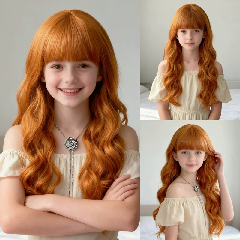 Children's Cosplay Princess Wig Synthetic Long Wavy Hair Extensions with Neat Bangs Big Waves Orange Head Cover for Girls