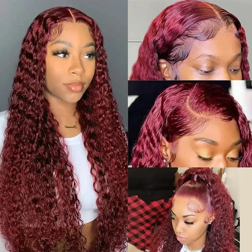 34 36 Inch 13x4 HD Burgundy Deep Wave Lace Front Wig Human Hair 99J Red Colored Preplucked 180 Density Wig Water Curly Wave Hair