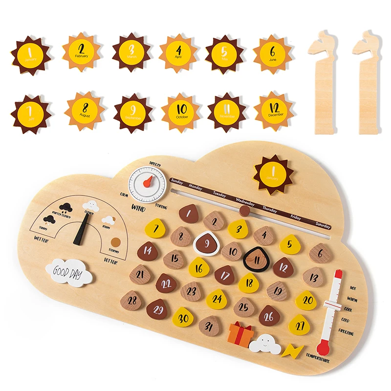 

Montessori Wooden Toys Baby Learning Toy Cartoon Cloud Calendar Board Date Month Season Weather Cognitive Toys For Children Gift