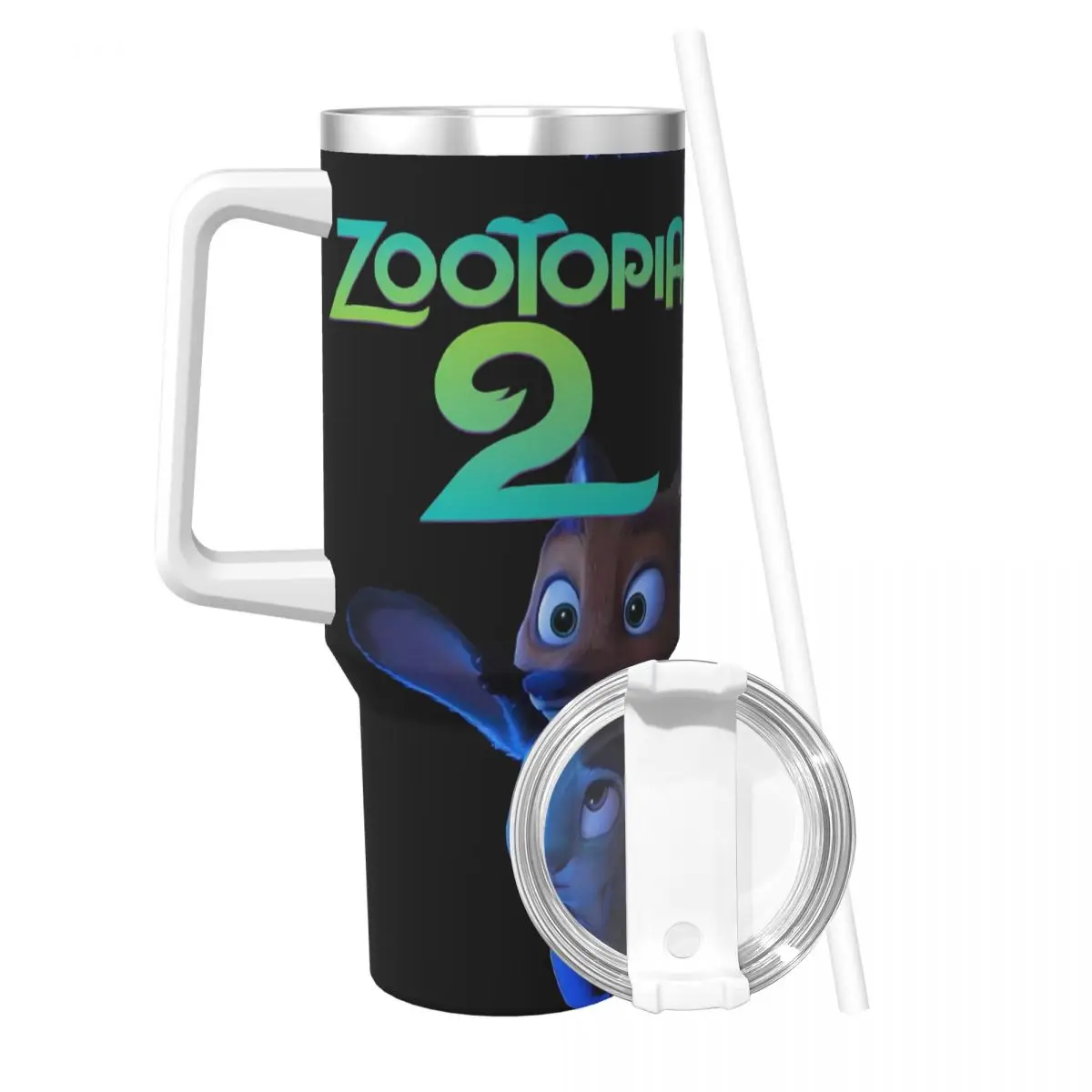 Cartoon Zootopia Print Stainless Steel Tumbler Travel Thermal Mug With Straws and Lid Large Car Mugs Cold Drink Water Bottle